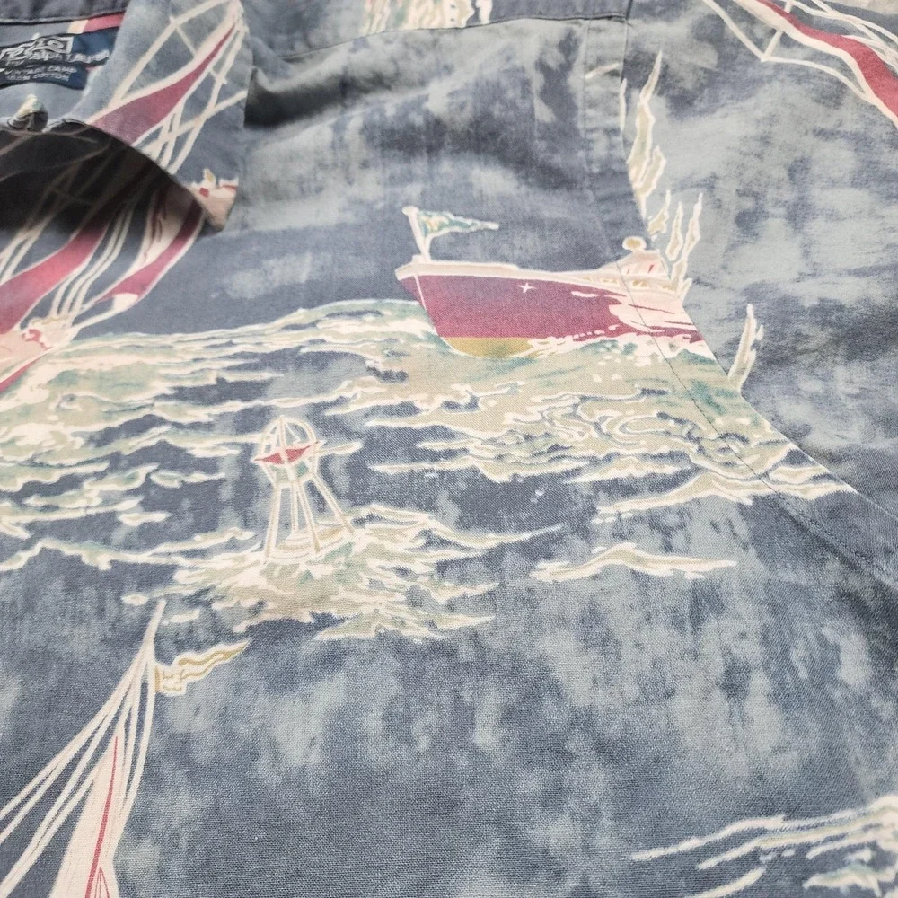 Ralph Lauren Vintage Camp Shirt Mens Medium Blue Loop Sailing Boats Hawaiian AOP